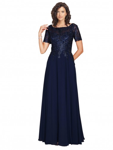 Round Neck Long Soft Chiffon Dark Navy Short Sleeves Prom Dress / Bridesmaid Dress Victoria