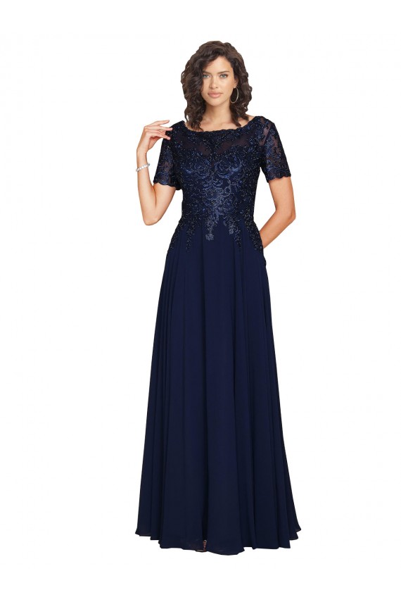 Round Neck Long Soft Chiffon Dark Navy Short Sleeves Prom Dress / Bridesmaid Dress Victoria