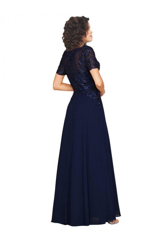 Round Neck Long Soft Chiffon Dark Navy Short Sleeves Prom Dress / Bridesmaid Dress Victoria