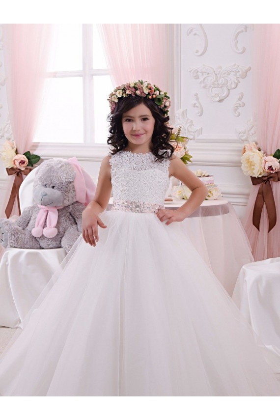 Bateau Neck Chapel Train Tulle & Lace Ivory Sleeveless Flower Girl Dress Victoria