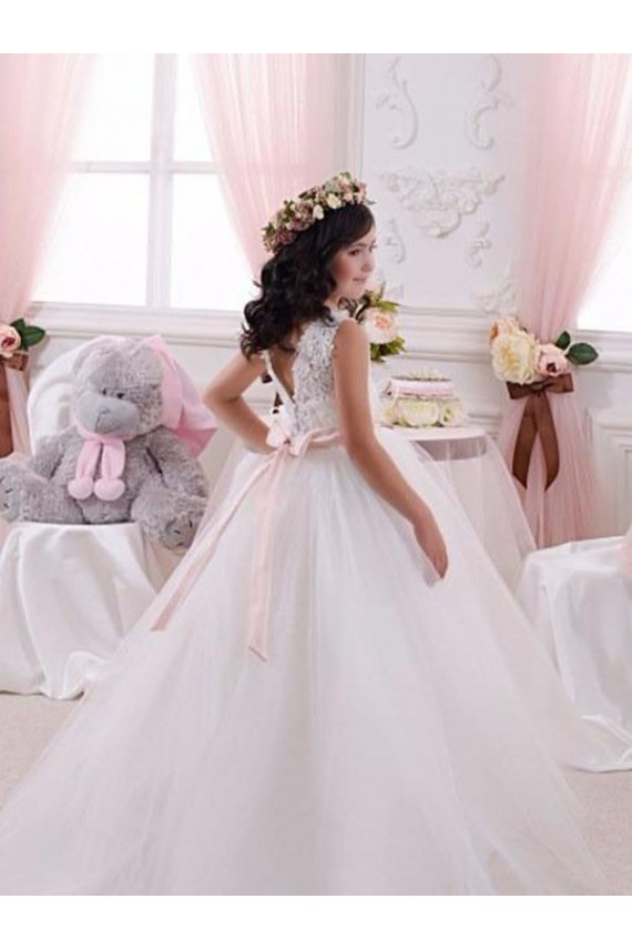 Bateau Neck Chapel Train Tulle & Lace Ivory Sleeveless Flower Girl Dress Victoria