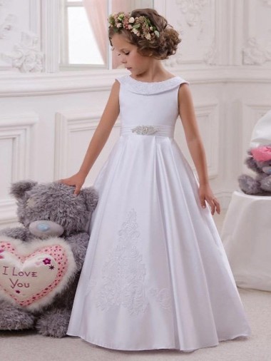 Bateau Neck Long Satin & Lace Ivory Sleeveless Flower Girl Dresses Victoria