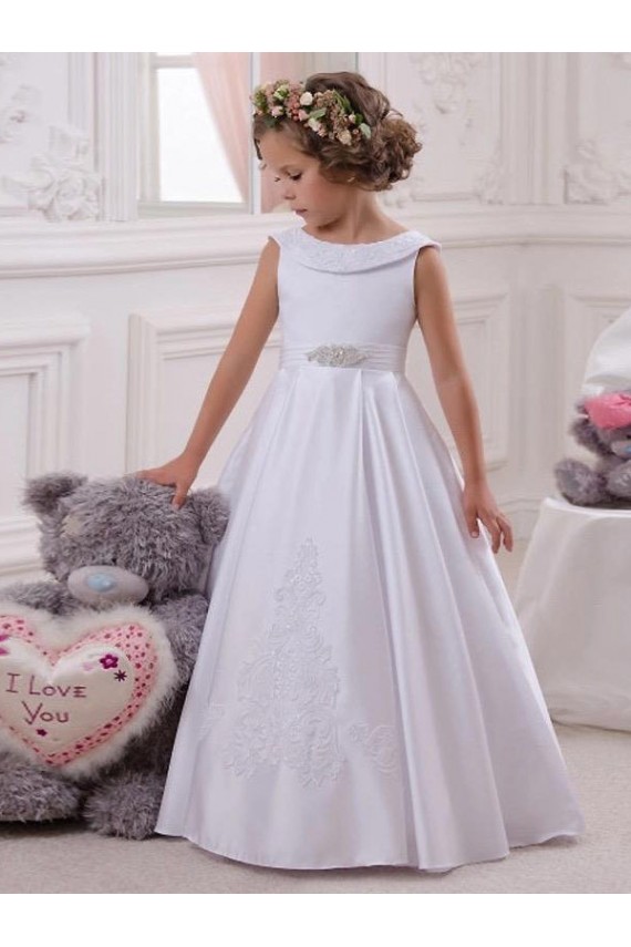 Bateau Neck Long Satin & Lace Ivory Sleeveless Flower Girl Dresses Victoria