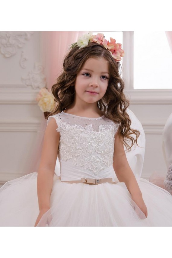 Bateau Neck Chapel Train Tulle & Lace Ivory Sleeveless Flower Girl Wedding Dress Victoria