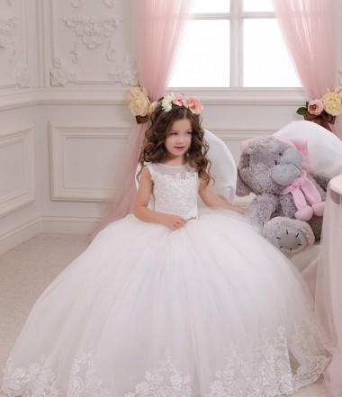Bateau Neck Chapel Train Tulle & Lace Ivory Sleeveless Flower Girl Wedding Dress Victoria