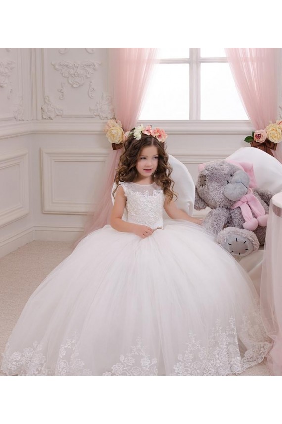 Bateau Neck Chapel Train Tulle & Lace Ivory Sleeveless Flower Girl Wedding Dress Victoria