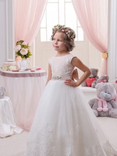 Bateau Neck Chapel Train Tulle & Lace Ivory Sleeveless Flower Girl Dresses Victoria