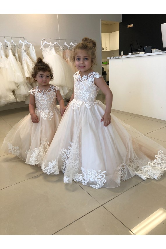 Bateau Neck Chapel Train Tulle & Lace Ivory Sleeveless Little Flower Girl Dress Victoria