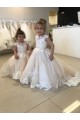Bateau Neck Chapel Train Tulle & Lace Ivory Sleeveless Little Flower Girl Dress Victoria