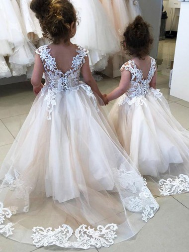 Bateau Neck Chapel Train Tulle & Lace Ivory Sleeveless Little Flower Girl Dress Victoria