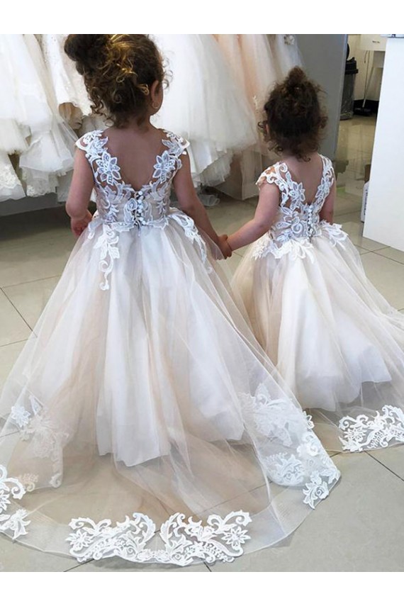 Bateau Neck Chapel Train Tulle & Lace Ivory Sleeveless Little Flower Girl Dress Victoria