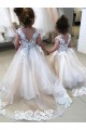 Bateau Neck Chapel Train Tulle & Lace Ivory Sleeveless Little Flower Girl Dress Victoria