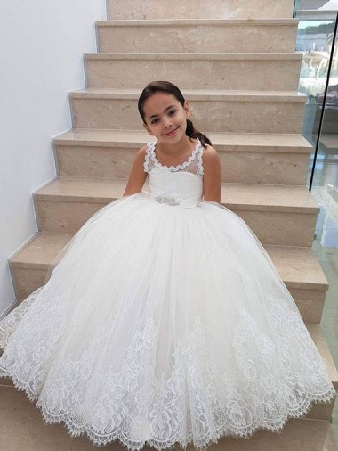 High Neck Long Tulle & Lace Ivory Sleeveless Flower Girl Dress for Wedding Victoria
