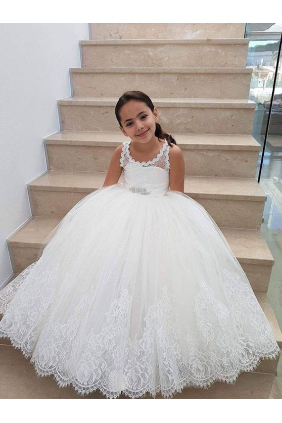 High Neck Long Tulle & Lace Ivory Sleeveless Flower Girl Dress for Wedding Victoria