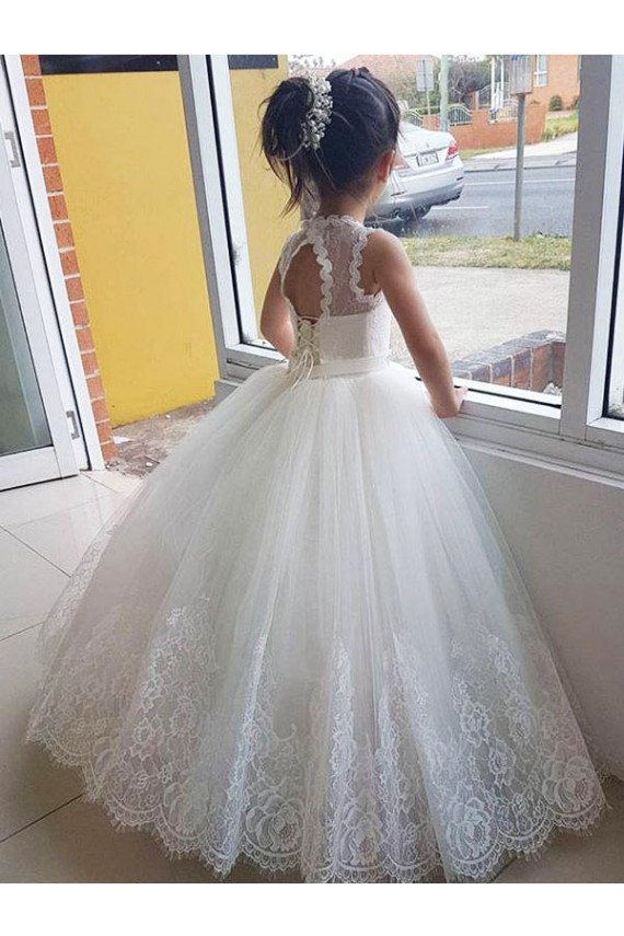 High Neck Long Tulle & Lace Ivory Sleeveless Flower Girl Dress for Wedding Victoria