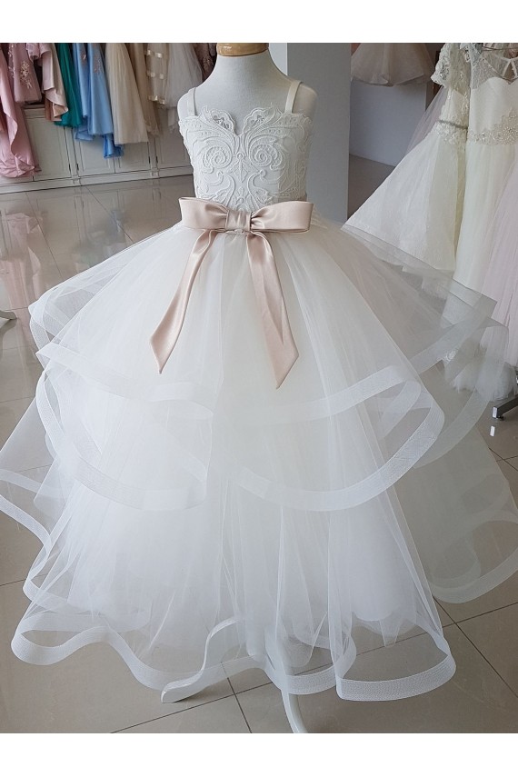High Neck Long Tulle & Lace Ivory Sleeveless Flower Girl Wedding Dress Victoria