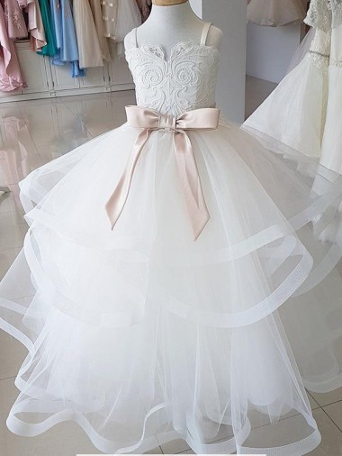High Neck Long Tulle & Lace Ivory Sleeveless Flower Girl Wedding Dress Victoria