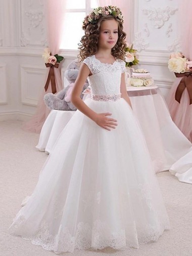 High Neck Long Tulle & Lace Ivory Cap Sleeves Flower Girl Dress Victoria