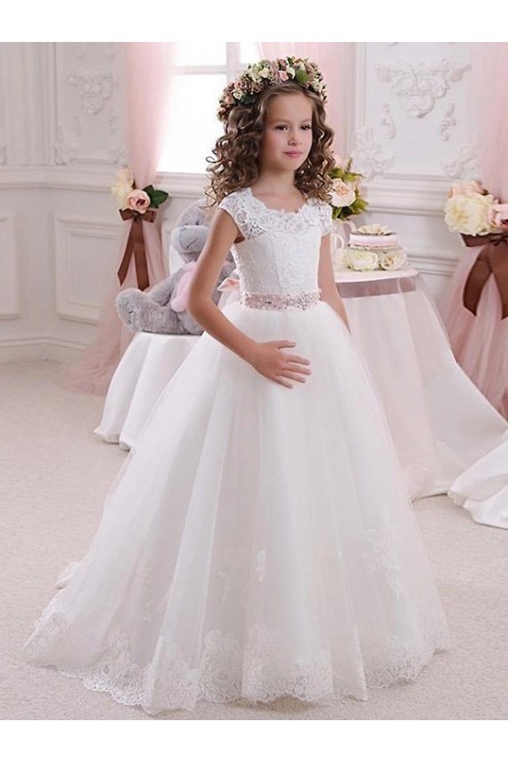 High Neck Long Tulle & Lace Ivory Cap Sleeves Flower Girl Dress Victoria