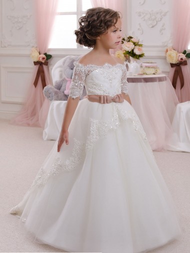 High Neck Long Tulle & Lace Ivory Short Sleeves Flower Girl Dresses Victoria