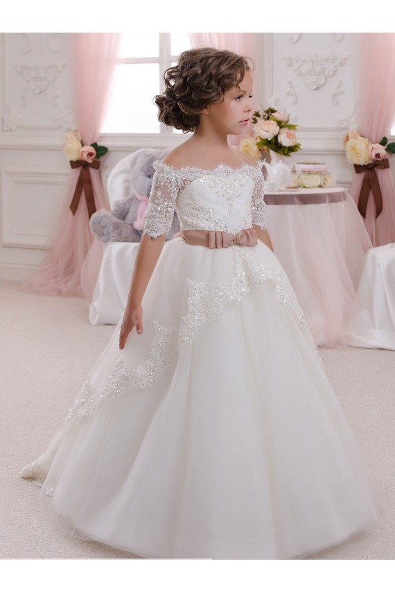 High Neck Long Tulle & Lace Ivory Short Sleeves Flower Girl Dresses Victoria