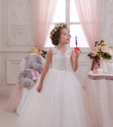 High Neck Long Tulle & Lace Ivory Sleeveless Little Flower Girl Dresses Victoria