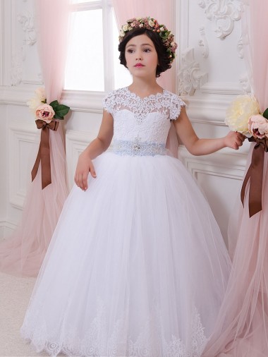 Sweetheart Chapel Train Tulle & Lace Ivory Cap Sleeves Flower Girl Dresses Victoria