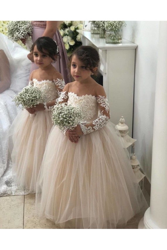 Sweetheart Chapel Train Tulle & Lace Ivory Long Sleeves Little Flower Girl Dress Victoria