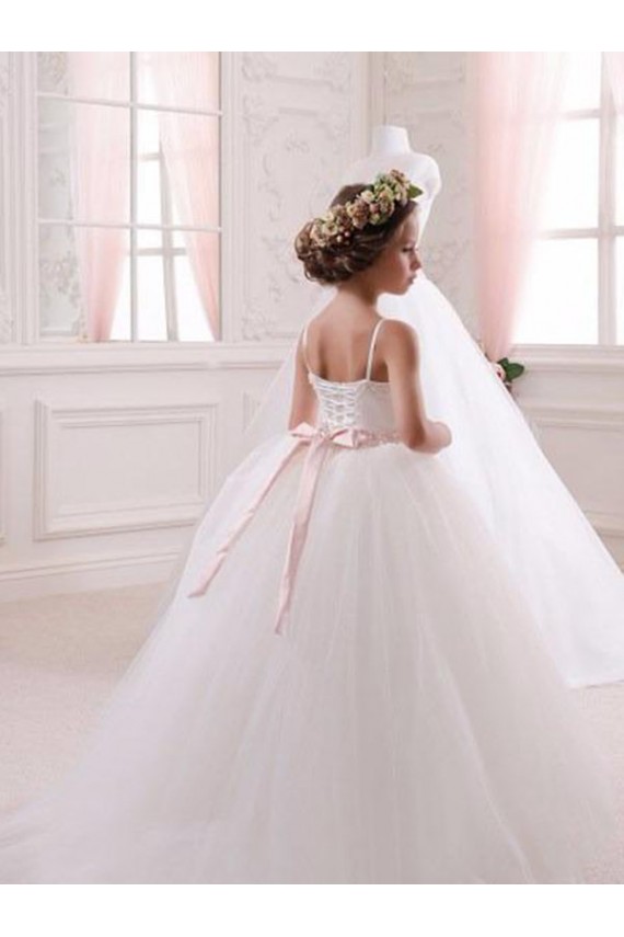 Sweetheart Chapel Train Tulle Ivory Sleeveless Flower Girl Dress Victoria