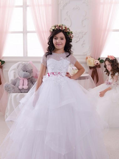 Sweetheart Long Tulle & Lace Ivory Short Sleeves Little Flower Girl Dress Victoria