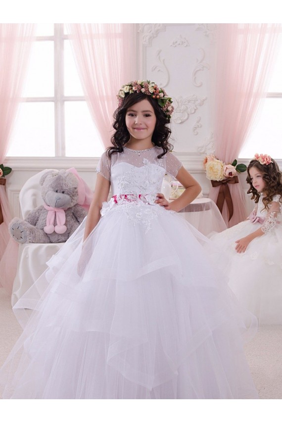 Sweetheart Long Tulle & Lace Ivory Short Sleeves Little Flower Girl Dress Victoria