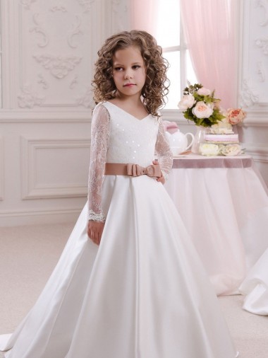 V-Neck Chapel Train Satin & Lace Ivory Long Sleeves Flower Girl Dress Victoria
