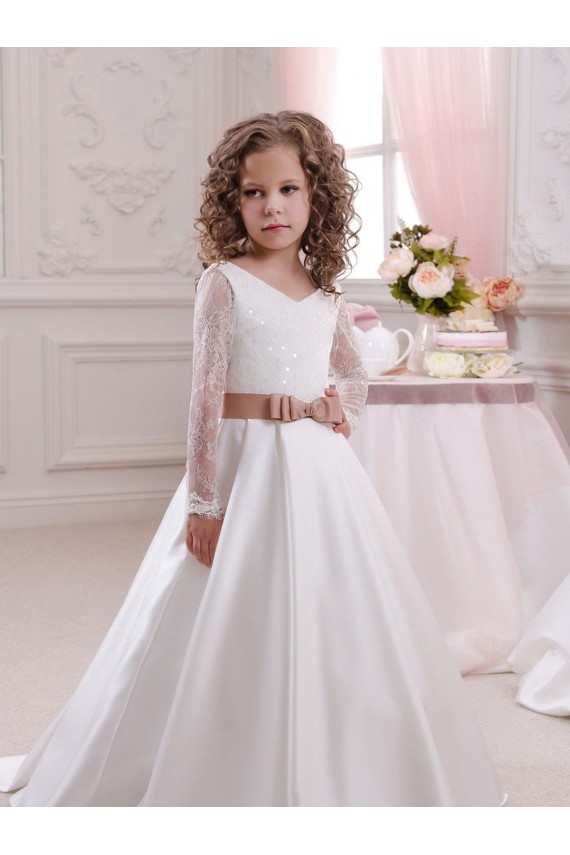 V-Neck Chapel Train Satin & Lace Ivory Long Sleeves Flower Girl Dress Victoria