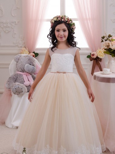 Sweetheart Long Tulle & Lace Ivory & Champagne Sleeveless Flower Girl Dresses for Wedding Victoria