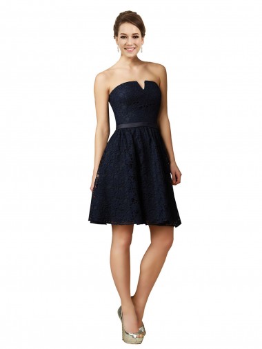 V-Neck Knee Length Lace Dark Navy Sleeveless Bridesmaid Dress Victoria