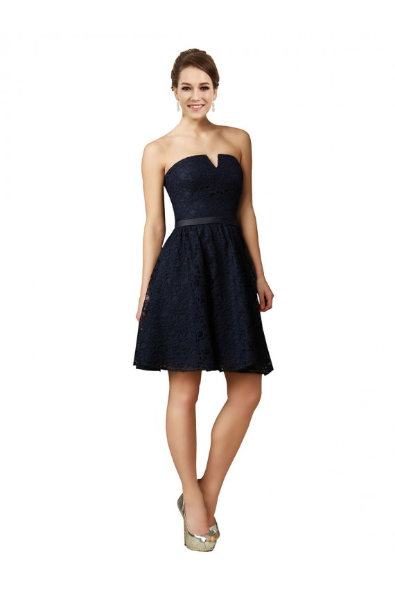 V-Neck Knee Length Lace Dark Navy Sleeveless Bridesmaid Dress Victoria
