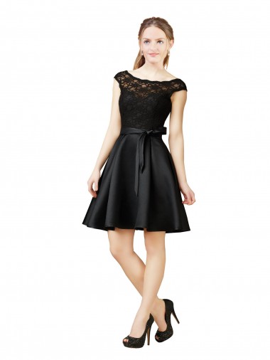 Illusion Neck Knee Length Satin & Lace Black Sleeveless Bridesmaid Dress Victoria
