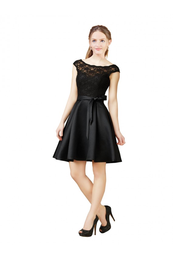 Illusion Neck Knee Length Satin & Lace Black Sleeveless Bridesmaid Dress Victoria