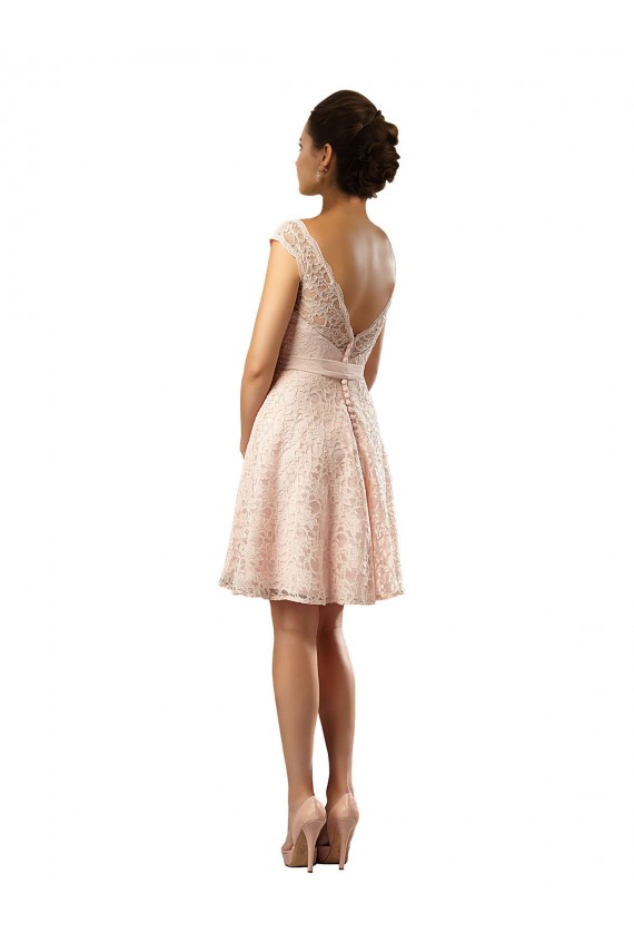 Illusion Neck Knee Length Soft Chiffon & Lace Pink Cap Sleeves Bridesmaid Dress Victoria