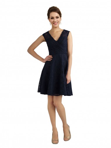 V-Neck Knee Length Lace Dark Navy Sleeveless Bridesmaid Dress / Evening Dress Victoria