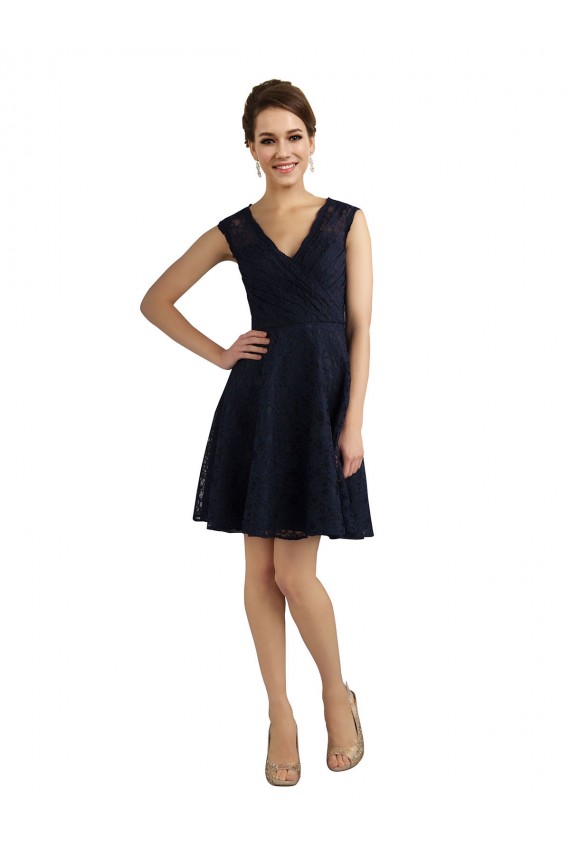 V-Neck Knee Length Lace Dark Navy Sleeveless Bridesmaid Dress / Evening Dress Victoria
