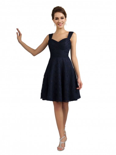 Sweetheart Knee Length Lace Dark Navy Sleeveless Bridesmaid Dresses Victoria