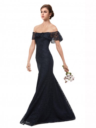 Off the Shoulder Long Lace Dark Navy Flutter Sleeves Prom Dress / Bridesmaid Dress Victoria