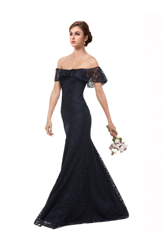 Off the Shoulder Long Lace Dark Navy Flutter Sleeves Prom Dress / Bridesmaid Dress Victoria