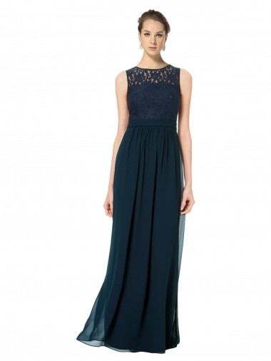 Illusion Neck Long Chiffon & Lace Dark Navy Sleeveless Bridesmaid Dress Victoria
