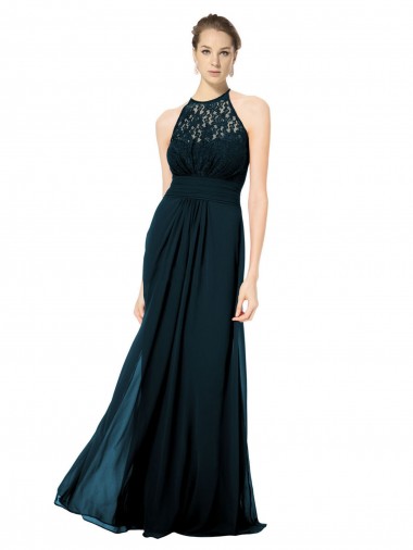 Illusion Neck Long Soft Chiffon & Lace Dark Navy Sleeveless Formal Dress / Bridesmaid Dress Victoria