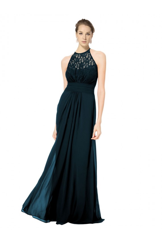Illusion Neck Long Soft Chiffon & Lace Dark Navy Sleeveless Formal Dress / Bridesmaid Dress Victoria