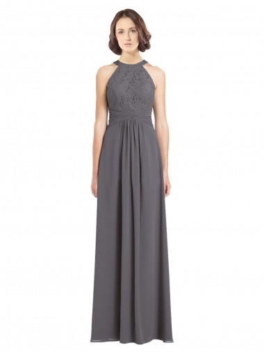Halter Neck Long Soft Chiffon & Lace Stormy Silver Sleeveless Bridesmaid Dress Victoria