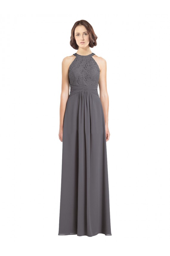 Halter Neck Long Soft Chiffon & Lace Stormy Silver Sleeveless Bridesmaid Dress Victoria