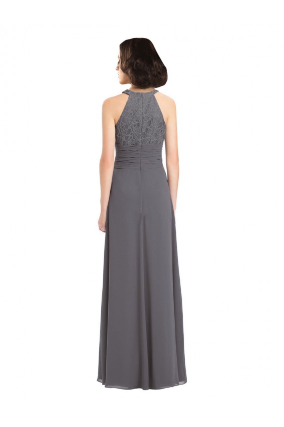Halter Neck Long Soft Chiffon & Lace Stormy Silver Sleeveless Bridesmaid Dress Victoria